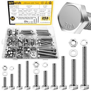 254Pcs Bolts and Nuts Assortment, 1/4 20 Bolt, 5/16 18 Bolt, 3/8 16 Bolt, Heavy Duty 304 Stainless Steel Bolts and Nuts Kit with Flat Spring Washers, Includes 10 Common Sizes, Fully Threaded
