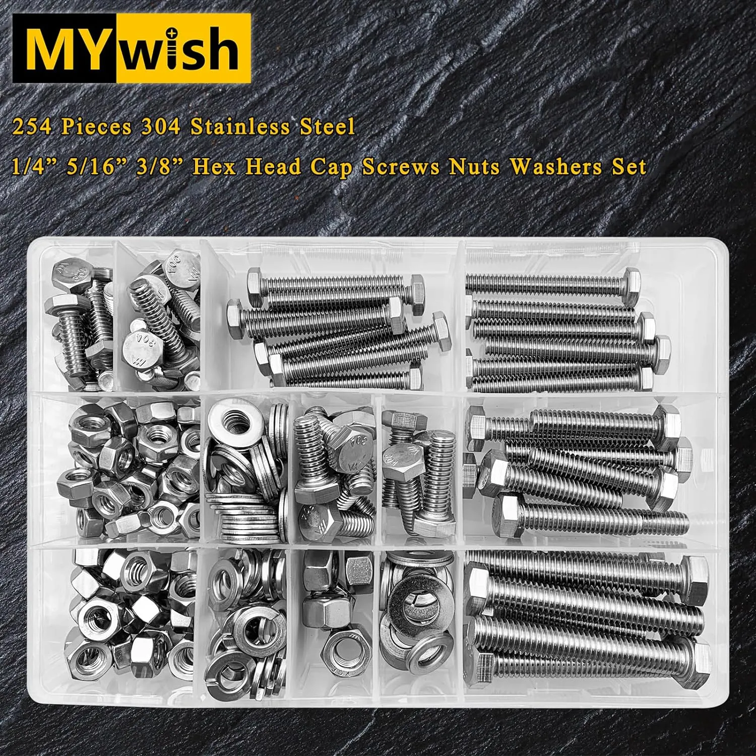 254Pcs Bolts and Nuts Assortment, 1/4 20 Bolt, 5/16 18 Bolt, 3/8 16 Bolt, Heavy Duty 304 Stainless Steel Bolts and Nuts Kit with Flat Spring Washers, Includes 10 Common Sizes, Fully Threaded