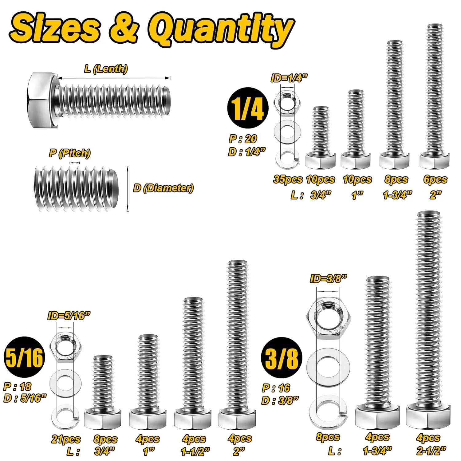 254Pcs Bolts and Nuts Assortment, 1/4 20 Bolt, 5/16 18 Bolt, 3/8 16 Bolt, Heavy Duty 304 Stainless Steel Bolts and Nuts Kit with Flat Spring Washers, Includes 10 Common Sizes, Fully Threaded