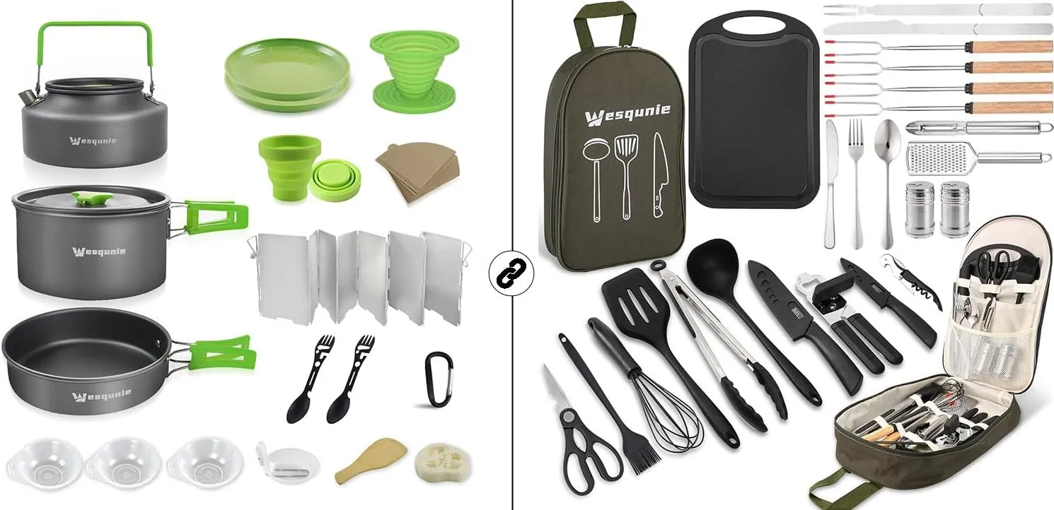 25Pcs Camping Cooking Utensils Set & 20Pcs Outdoor Camping Cookware Mess kit Green Bundle