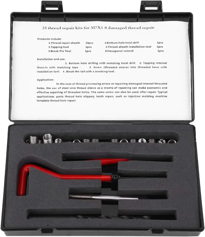 25Pcs Thread Repair Kit M7 x 1, Kit Thread Inserts Stainless Steel Twisted Drill Wrench Threaded Insert Thread Repair Tool for Auto Parts