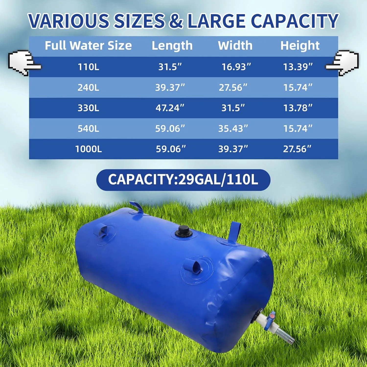 29gal Water Storage Bladder with Valve,Portable Large Capacity Water Tank,Collapsible Rain Barrel & Water Storage Container,for Camping,Fire Protection, Agricultural Irrigation & Emergency Water(110L)