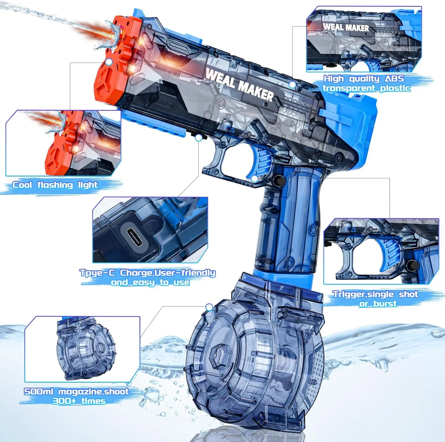 2Pack Electric Water Gun with LED Flash and USB-C Charging, IP67 Waterproof Automatic Squirt Guns 25-30 FT Range, Realistic Water Pistol for Summer Outdoor Pool Party Toys