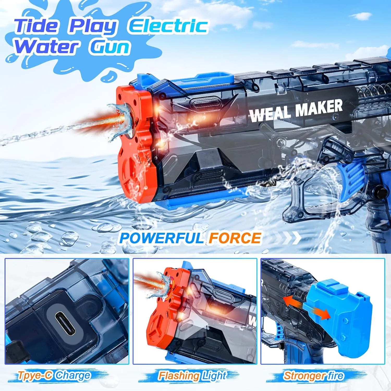 2Pack Electric Water Gun with LED Flash and USB-C Charging, IP67 Waterproof Automatic Squirt Guns 25-30 FT Range, Realistic Water Pistol for Summer Outdoor Pool Party Toys