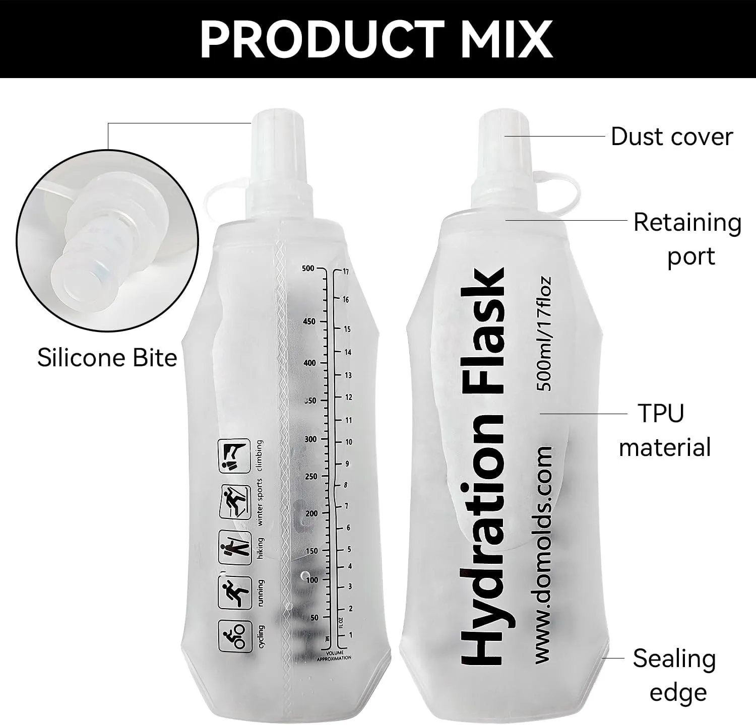 2Pcs 250ml Soft Flask Folding TPU Hydration Flask Running Water Bottle(8.8 oz), Water Pouch for Running Vest, Hiking, Cycling (White 250ml*2)