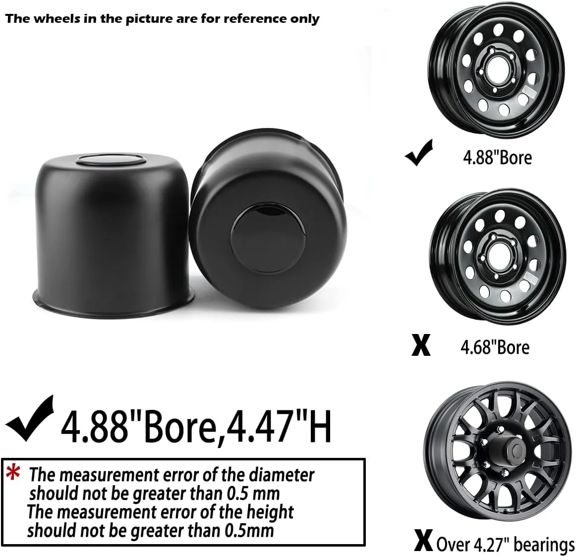 2Pcs 4.88inch Stainless Trailer Wheel Center Caps Push Through 4.88" Bore 4.47" Tall Top Removable Hub Cap for Truck SUV RV Wheel Rim, Matt Black Wheel Cover