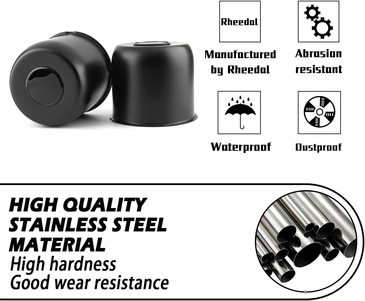 2Pcs 4.88inch Stainless Trailer Wheel Center Caps Push Through 4.88" Bore 4.47" Tall Top Removable Hub Cap for Truck SUV RV Wheel Rim, Matt Black Wheel Cover