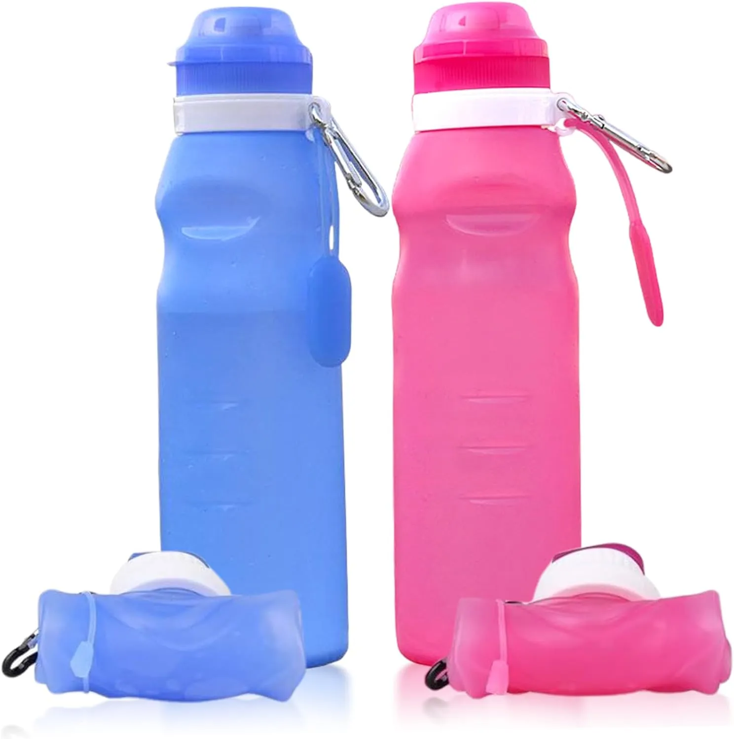 2Pcs Collapsible Water Bottle 600ml Silicone Foldable Water Bottle with Keyring & Dustproof Cap Leakproof Portable for Sports, Camping, Hiking, Outdoor