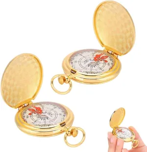 2PCS Vintage Pocket Compass, Folding Watch Style Compass Golden Brass Compass with Metal Ring for Outdoor Hiking Camping