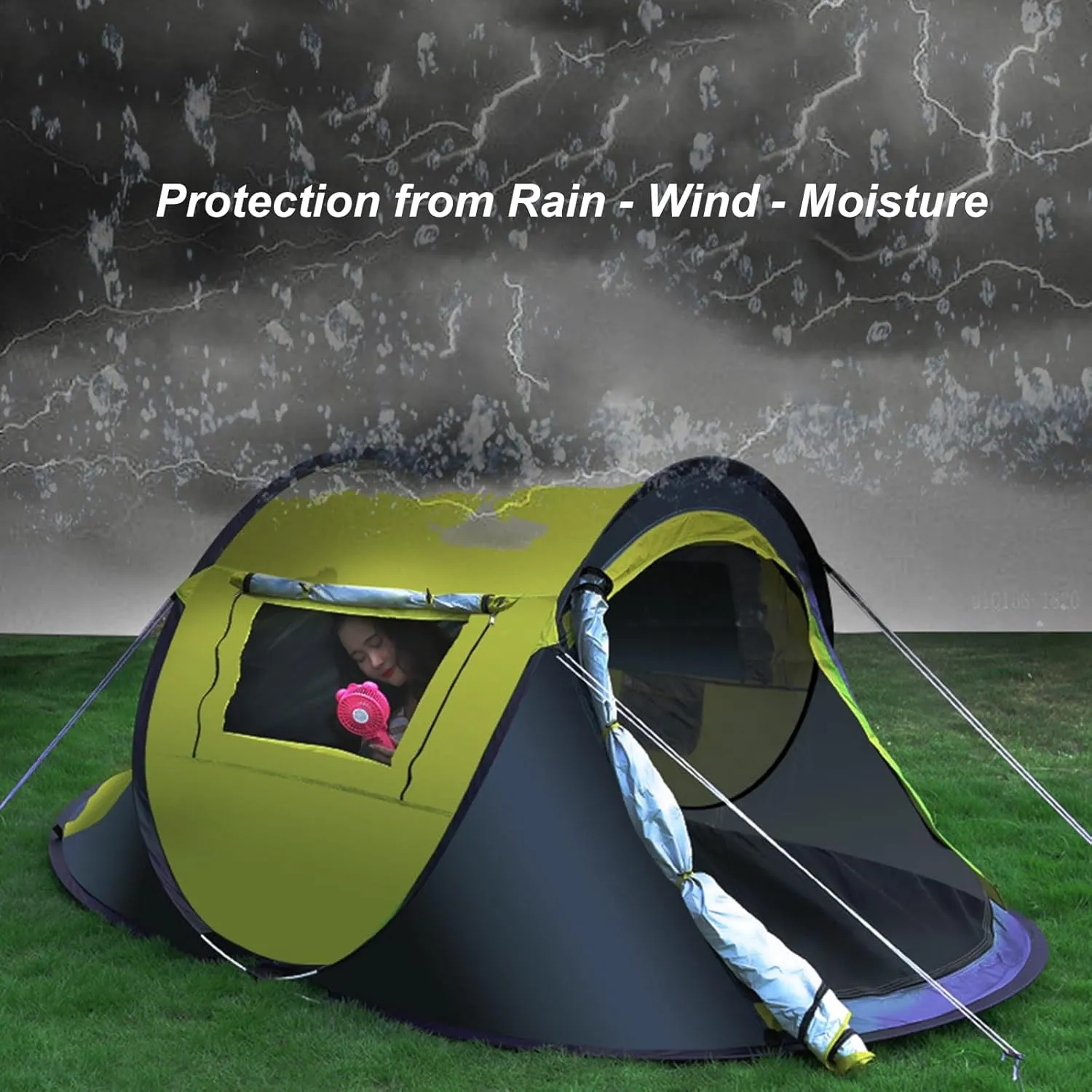 3-4 Person Camping Tent Outdoor Automatic Instant Pop Up Tent 2 Doors 2 Windows Rainproof Windproof Sunproof Family Tent for Camping Hiking Traveling