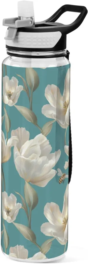 30 oz art white Tulipa flowers Teal Water Bottle with Lid Tritan BPA Free Leakproof non toxic Jug Water Bottle for Running Gym Collapsible