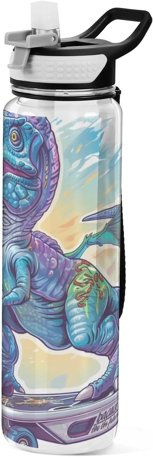30 oz Blue Dinosaur Skateboards cool Refillable Water Bottle Tritan BPA-Free non toxic Jug with Handle for Camping Sports Collapsible