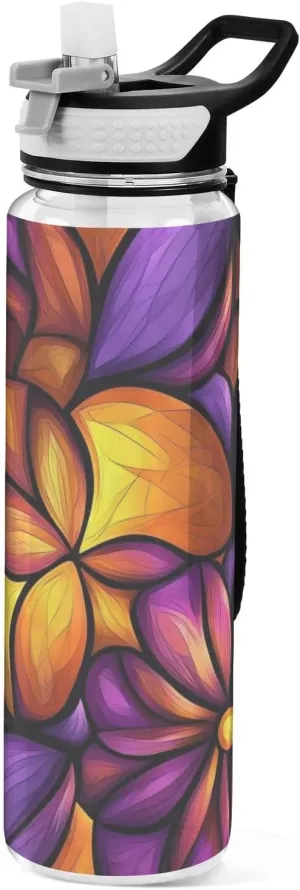30 oz colorful flower pattern stained glass style Refillable Water Bottle Tritan BPA Free Leak Proof non toxic Water Jug with Spout for Camping Gym Collapsible