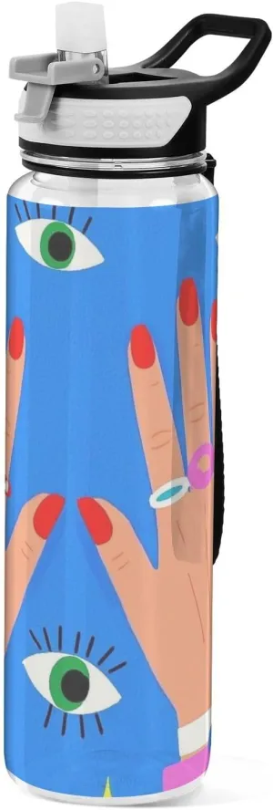 30 oz hand and eyes abstract art blue Water Bottle Spout Lid Tritan Clear BPA Free non toxic Water Jug with Handle for Running Working Collapsible