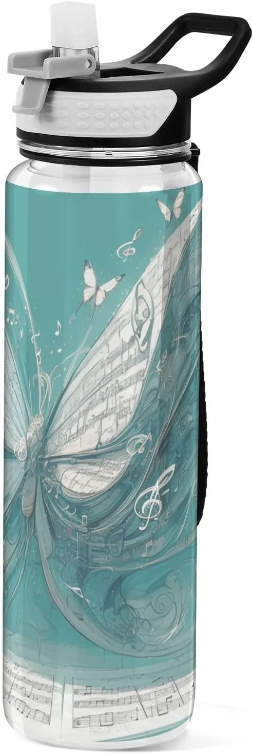 30 oz silver illusory abstract Butterfly music notes Teal Silicone Spout Water Bottle Tritan BPA Free Lead non toxic Water Jug with Spout for Car Cup Working Collapsible