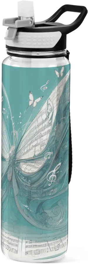 30 oz silver illusory abstract Butterfly music notes Teal Silicone Spout Water Bottle Tritan BPA Free Lead non toxic Water Jug with Spout for Car Cup Working Collapsible