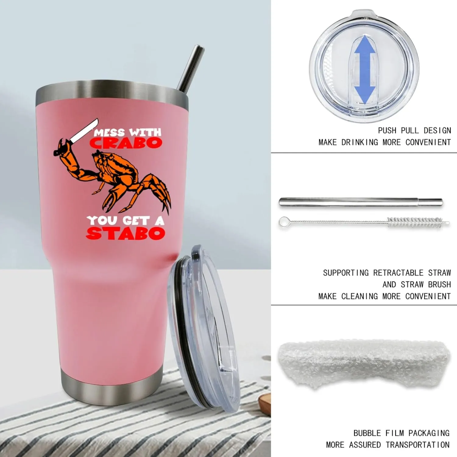 30 oz Tumbler Pink Tumbler Mess With The Crabo You Get The Stabo Tumbler Personalized Tumbler with Lid and Straw Insulated Tumblers Stainless Steel Tumbler Funny Gift
