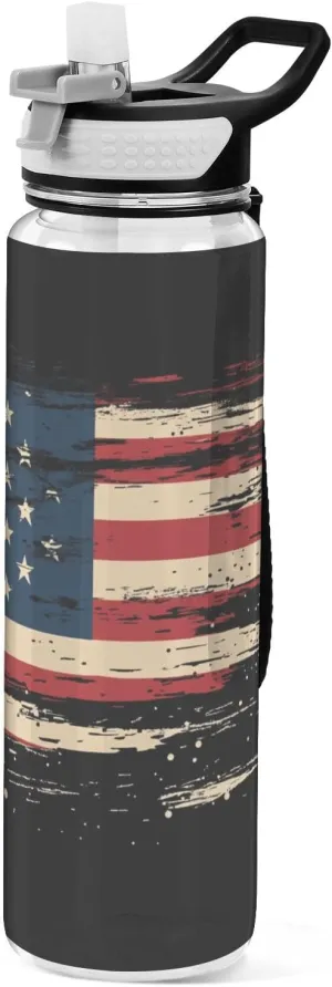 30 oz Vintage American flag black Water Bottles Wide Mouth Tritan BPA Free Leak Proof non toxic Jugs for Drinking for Outdoor Fitness Collapsible
