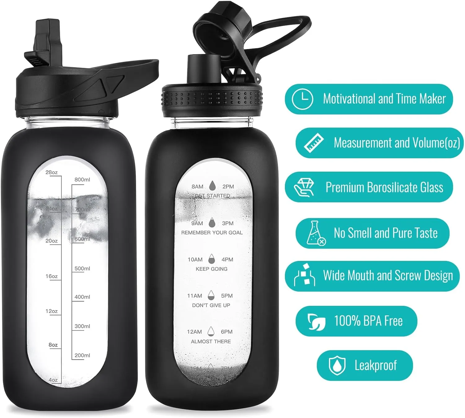 32 oz Glass Water Bottle with Straw and Handle, Sports Motivational Water Flask with Silicone Sleeve, Large Leakproof Water Flask Cup with Time Marker for Travel, Gym, Black
