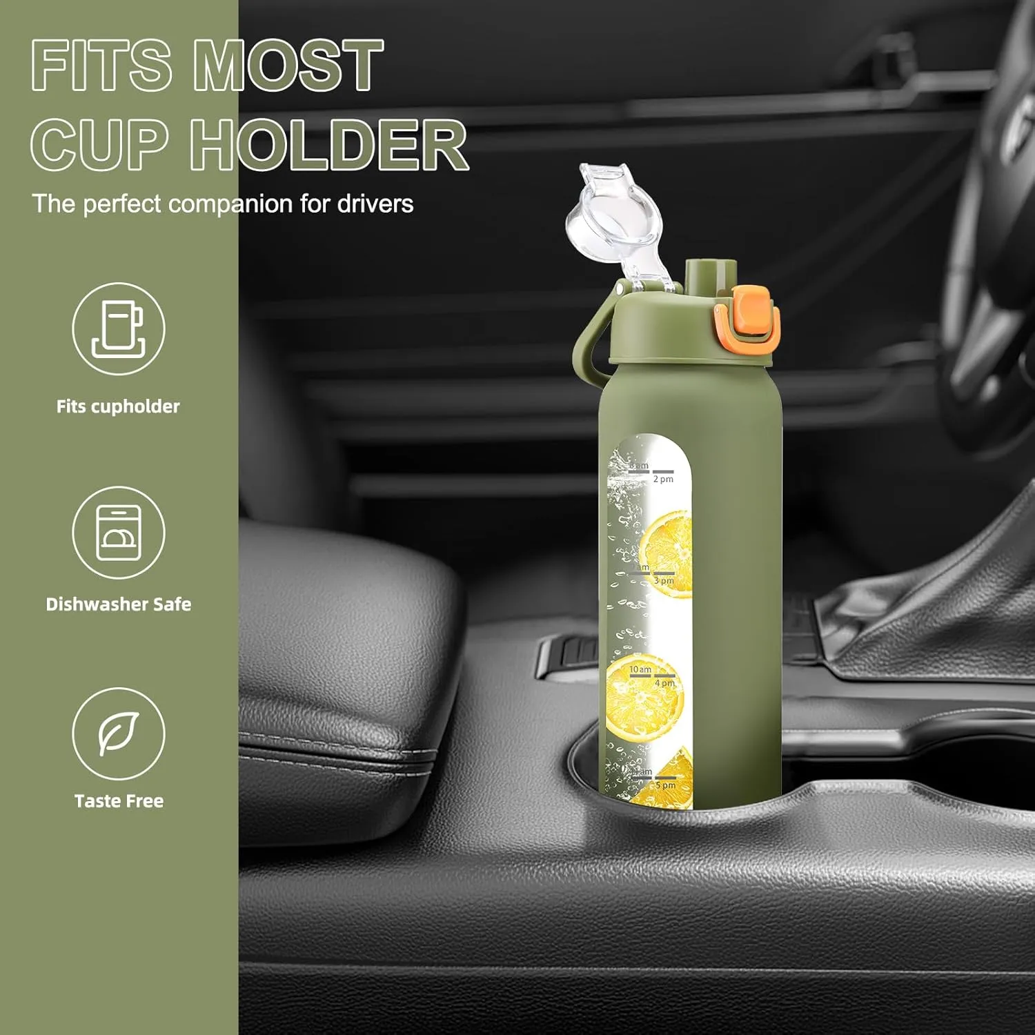 32 oz Glass Water Bottles with 2 Lids-Handle Spout Lid & Straw Lid, 1 Liter Motivational Borosilicate Water Bottle with Time Marker and Silicone Sleeve,Leakproof-Army Green-1 Pack
