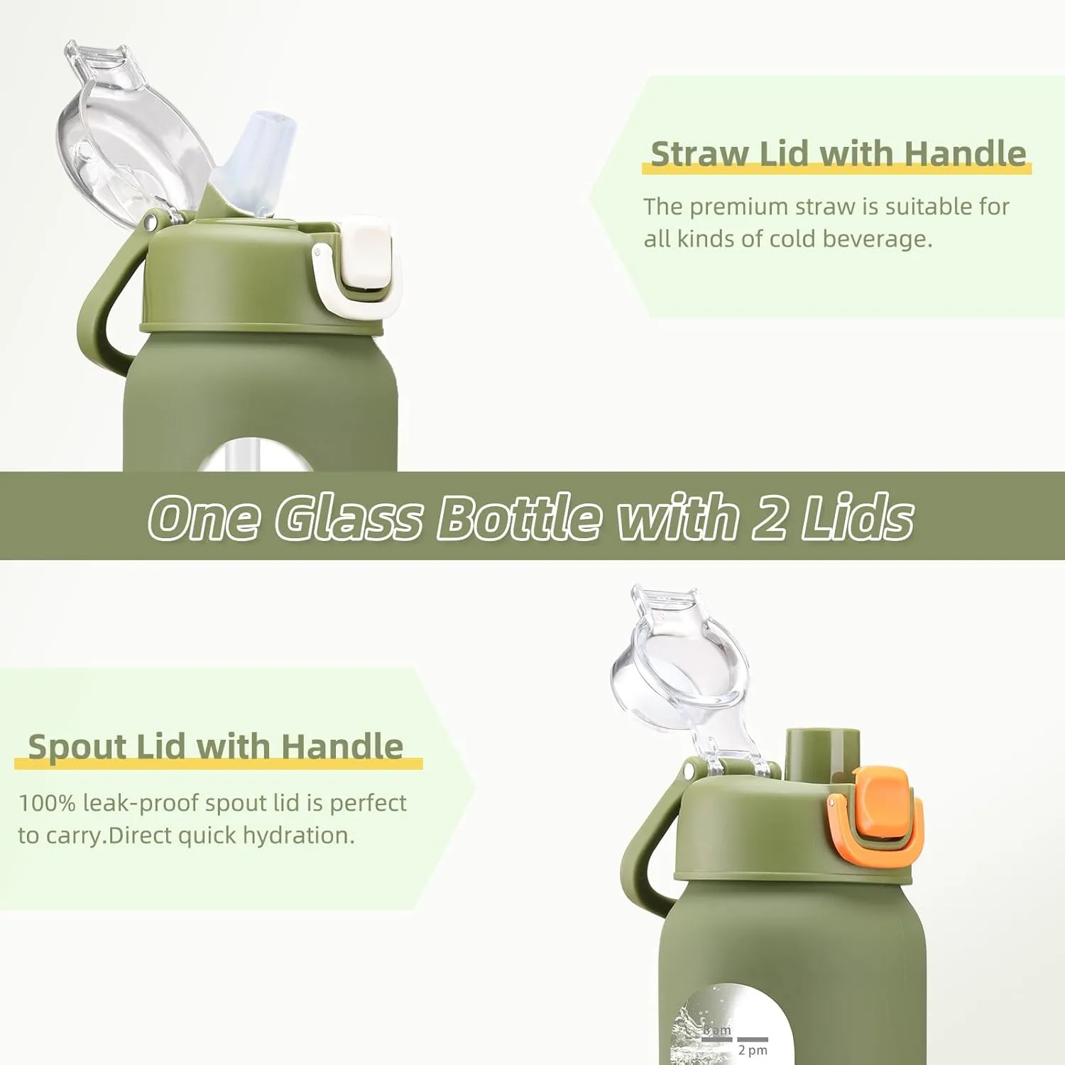 32 oz Glass Water Bottles with 2 Lids-Handle Spout Lid & Straw Lid, 1 Liter Motivational Borosilicate Water Bottle with Time Marker and Silicone Sleeve,Leakproof-Army Green-1 Pack
