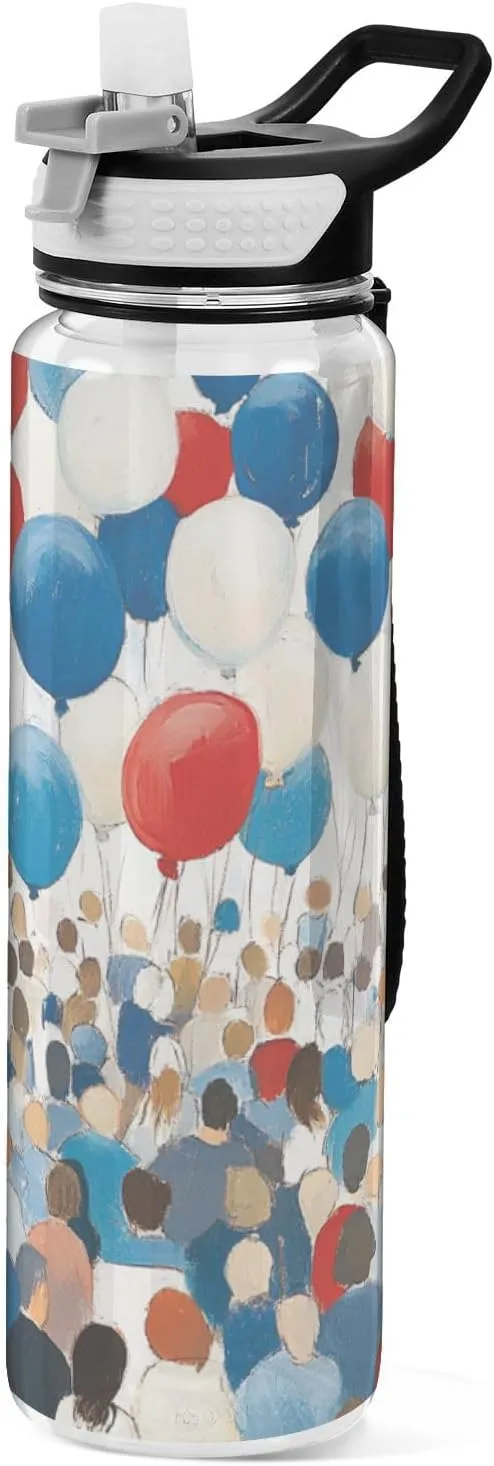 32oz Blue Balloons Floa Water Bottle with Soft Straw Tritan Non-BPA non toxic Water Bottle Jug for Walking Collapsible