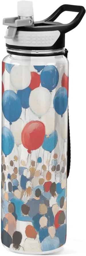 32oz Blue Balloons Floa Water Bottle with Soft Straw Tritan Non-BPA non toxic Water Bottle Jug for Walking Collapsible
