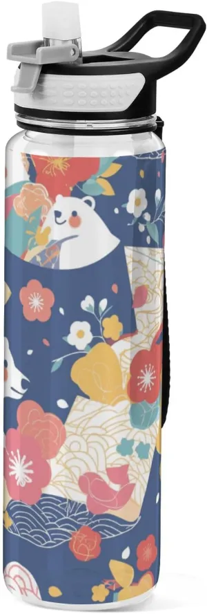 32oz Blue Japanese Polar Bears Sport Water Bottle Tritan BPA Free Lead non toxic Jug with Handle for Gym Collapsible