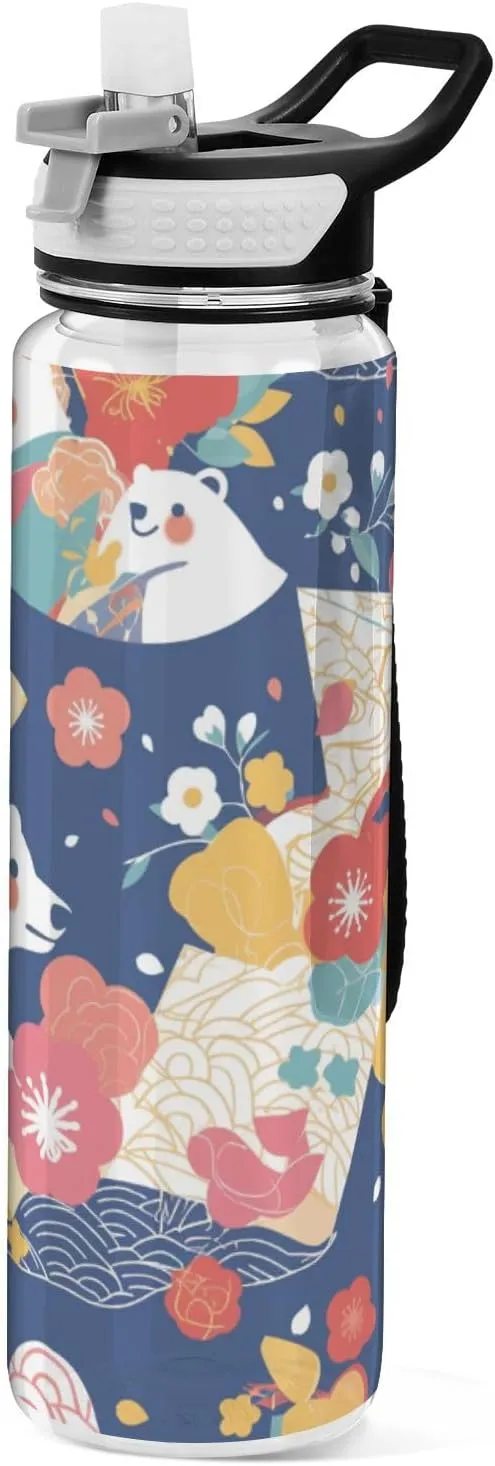 32oz Blue Japanese Polar Bears Sport Water Bottle Tritan BPA Free Lead non toxic Jug with Handle for Gym Collapsible