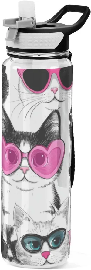 32oz Cartoon Cute Black White Kitten Sport Water Bottle with Straw Tritan BPA Free Lead non toxic Jugs for Drinking for Fitness Collapsible