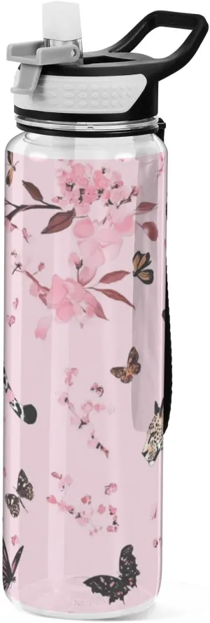 32oz Chic Leopard Pink Silicone Spout Water Bottle Tritan In BPA Free non toxic Jug with Handle for Running Collapsible