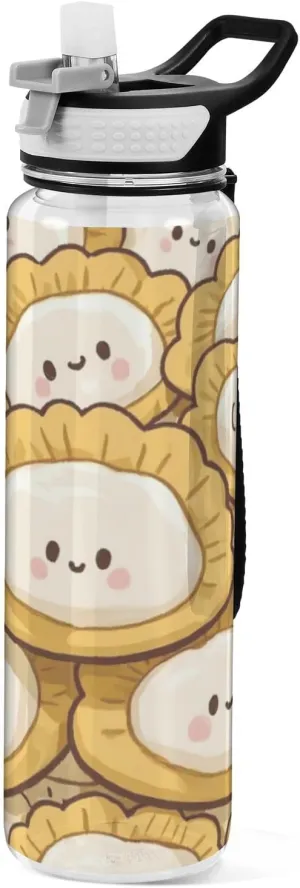 32oz Chinese Cute Cartoon Dumpling Food Water Bottle with Carry Strap Tritan Non-BPA non toxic Water Bottles Plastic for Sports Collapsible