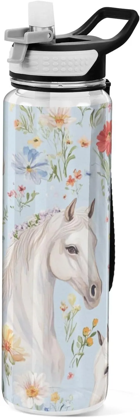 32oz Flowers Horses Beautiful Water Bottles Wide Mouth Tritan BPA Free Leakproof non toxic Water Jug with Spout for Camping Collapsible