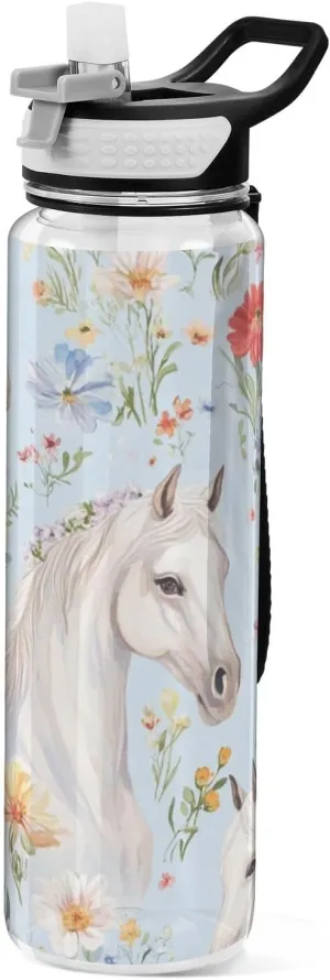 32oz Flowers Horses Beautiful Water Bottles Wide Mouth Tritan BPA Free Leakproof non toxic Water Jug with Spout for Camping Collapsible