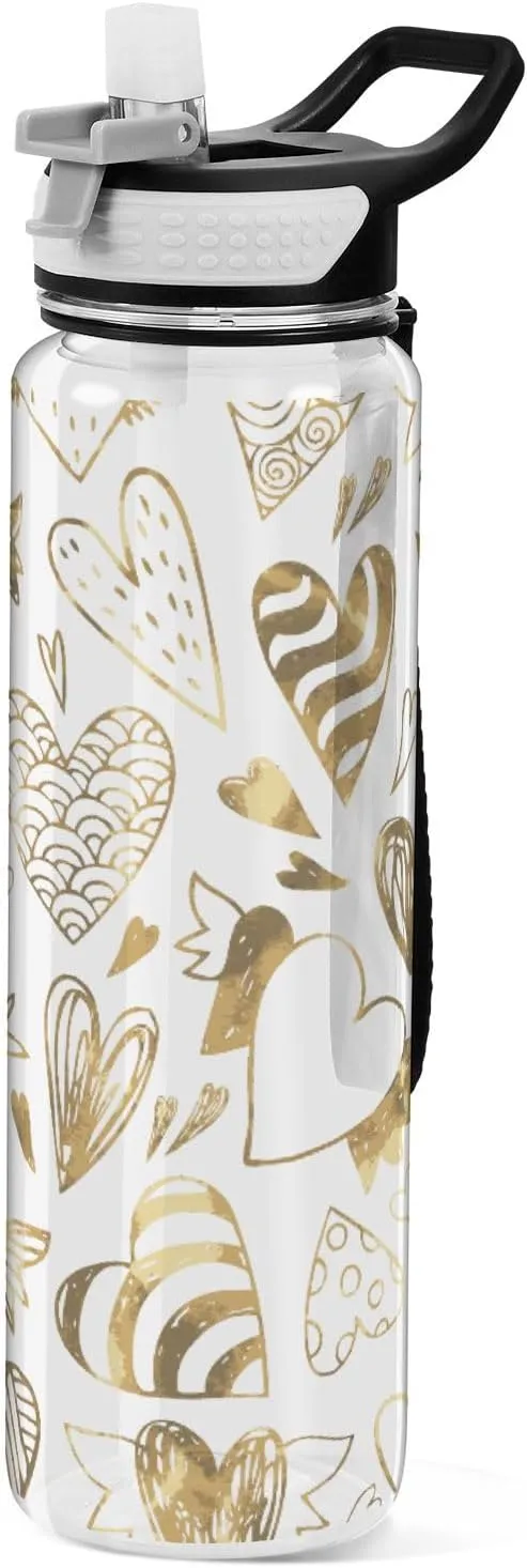 32oz Happy Valentine Cartoon Golden Love Heart Water Bottle for Work Tritan BPA-Free non toxic Large Water Jug with Spout for Camping Collapsible