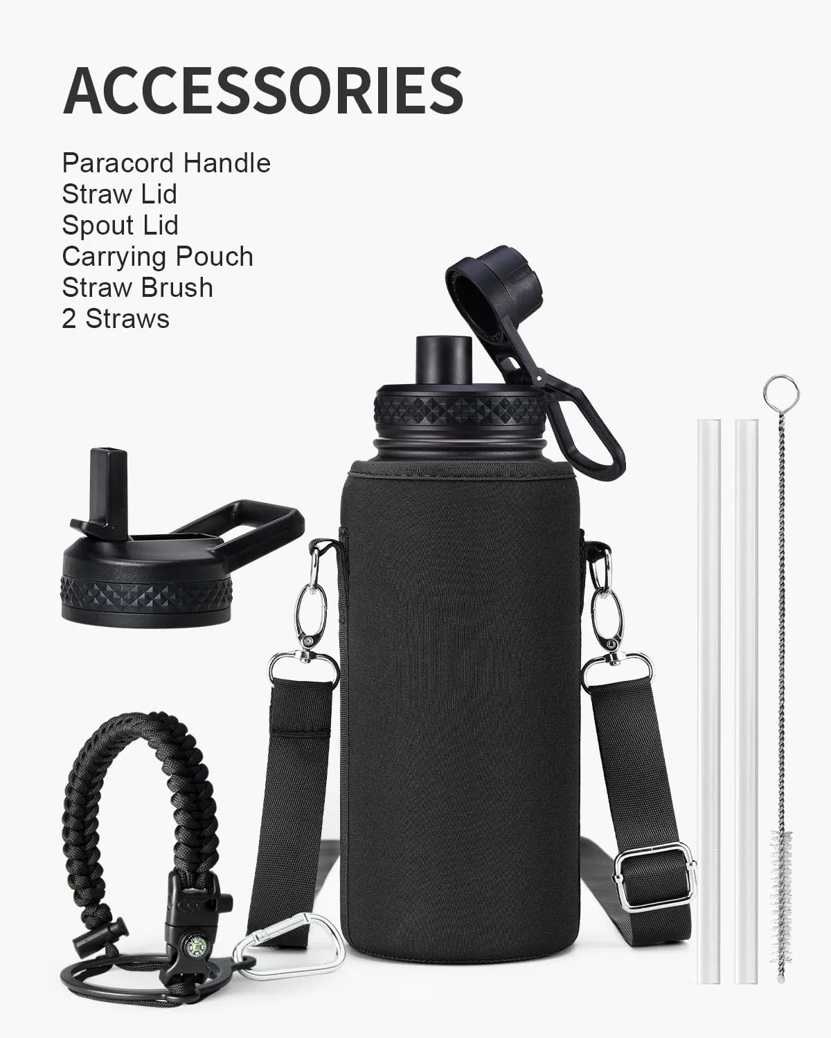 32oz Insulated Water Bottle,Stainless Steel Vacuum Water Bottle, BPA-Free & Leakproof -with Paracord Handle,Strap,Straw Spout Lids,Large Water Jug for Gym Sports