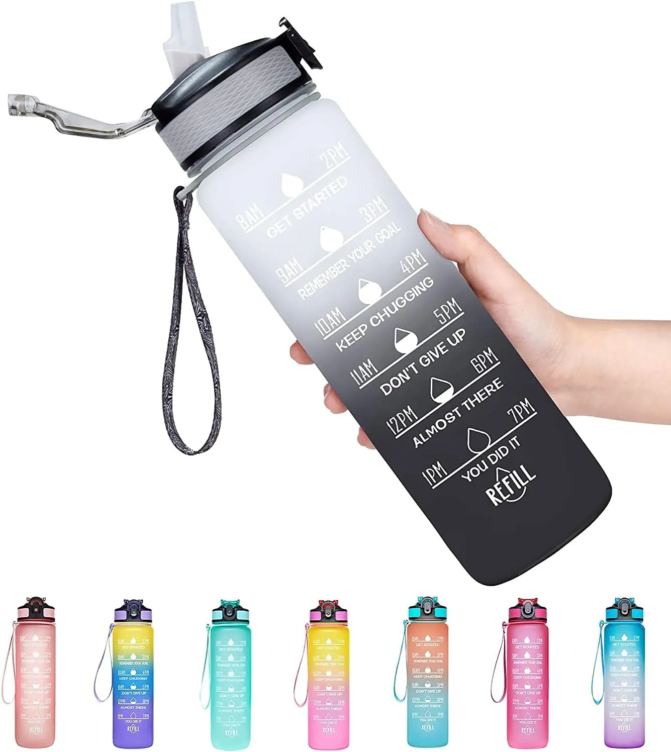 32oz Motivational Fitness Sports Water Bottle with Time Marker & Straw, Large Wide Mouth Leakproof Durable BPA Free Non-Toxic (Black)