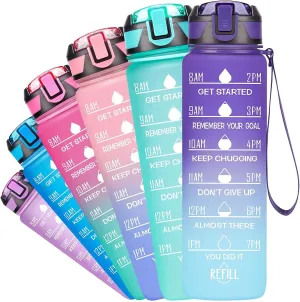 32oz Motivational Fitness Sports Water Bottle with Time Marker & Straw, Large Wide Mouth Leakproof Durable BPA Free Non-Toxic (Black)