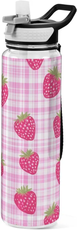 32oz Red Strawberry Check Water Bottles Wide Mouth Tritan Clear BPA Free non toxic Water Jug with Spout for Gym Collapsible