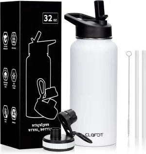 32oz Vacuum Insulated Stainless Steel Water Bottles with Straw & Spout Lids, Double Wall Sport Bottle, Sweat-Proof BPA Free, Canteen Metal Thermo Mug Hydro Cup Jug (White)
