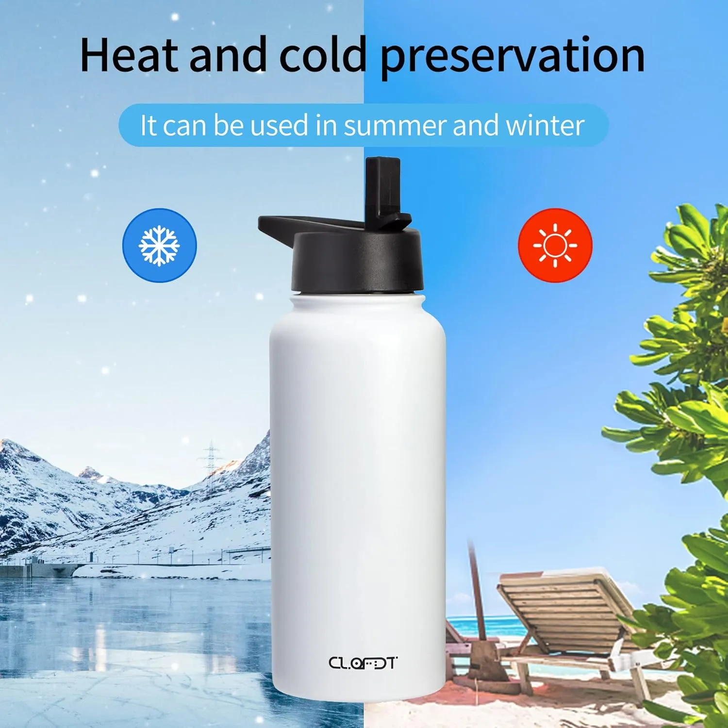 32oz Vacuum Insulated Stainless Steel Water Bottles with Straw & Spout Lids, Double Wall Sport Bottle, Sweat-Proof BPA Free, Canteen Metal Thermo Mug Hydro Cup Jug (White)