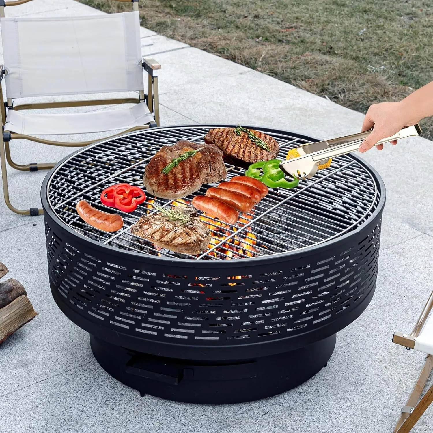 32" Wood Burning Fire Pits with Grill & Lid, Fire Pit Table for Outside with Waterproof Cover & Fire Poker, Outdoor Firepit with Functions for BBQ,Table and Bonfire