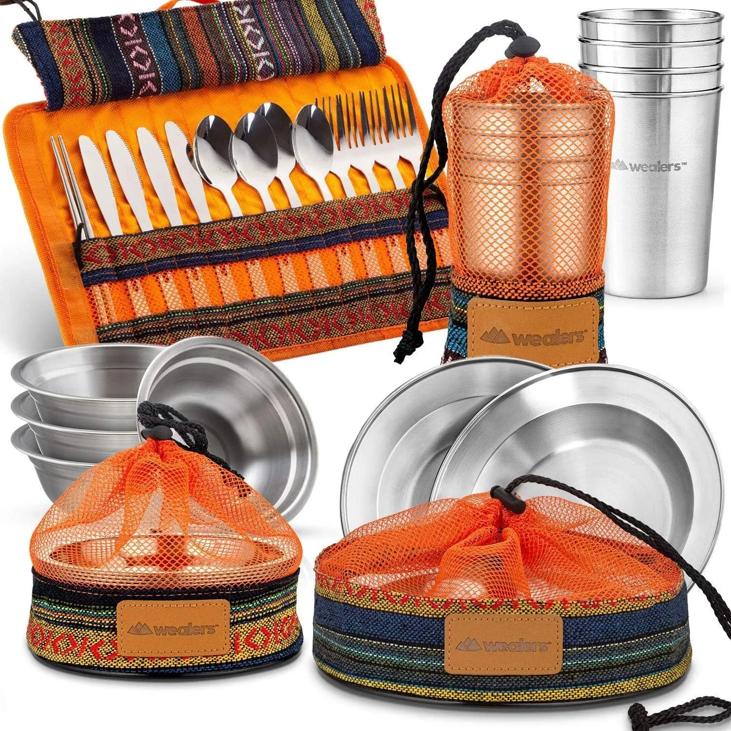 35 Piece Camp Complete Messware Kit Polished Stainless Steel Dishes Set| Tableware| Dinnerware| for Backpacking BBQ Camping Hiking Travel Cookware Kit Water Resistant Case