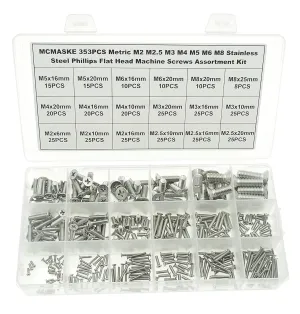 353PCS Metric M2 M2.5 M3 M4 M5 M6 M8 304 Stainless Steel Phillips Flat Head Machine Screws Assortment Kit
