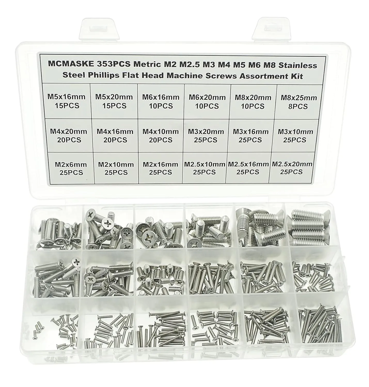 353PCS Metric M2 M2.5 M3 M4 M5 M6 M8 304 Stainless Steel Phillips Flat Head Machine Screws Assortment Kit