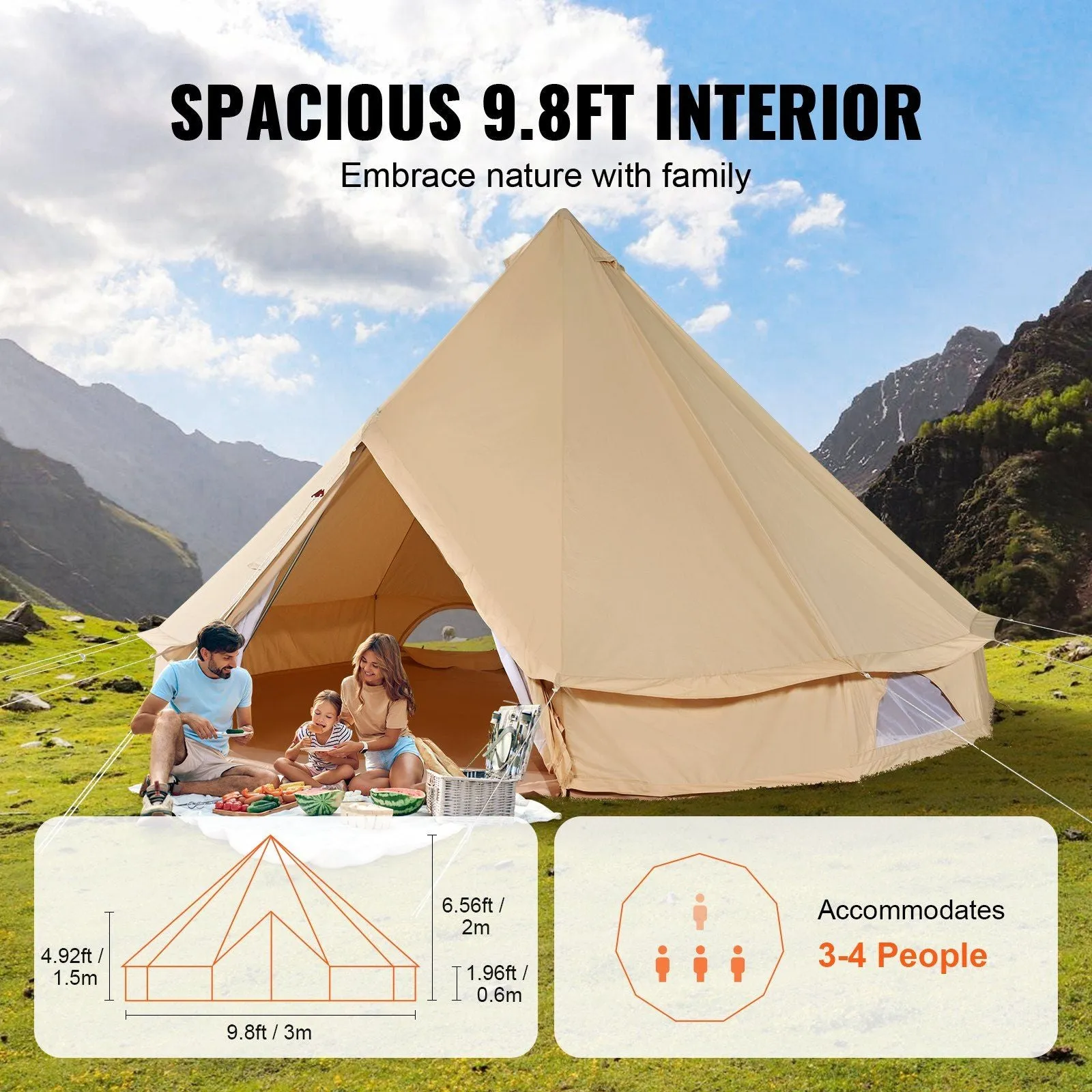3M) Glamping Digital-first Bell Yurt Person and VEVOR Detachable 10'x98"(Diameter for Jack Waterproof 10'x Family Side Tent, Canvas with Tent Camping, 3-5 Breathable Expert advice Wall Stove