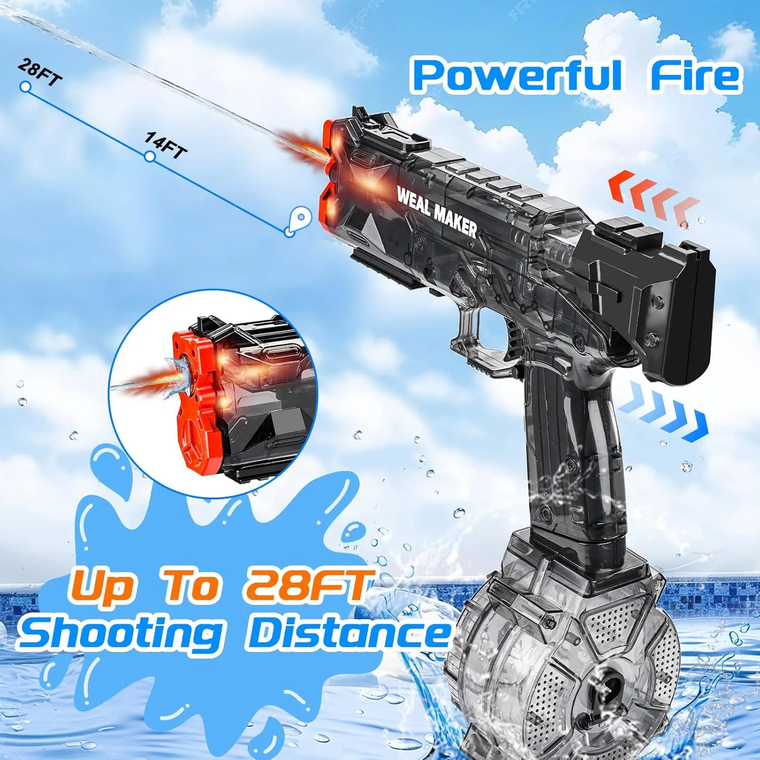 3Pack Electric Water Gun with LED Flash and USB-C Charging, IP67 Waterproof Automatic Squirt Guns 25-30 FT Range, Realistic Water Pistol for Summer Outdoor Pool Party Toys