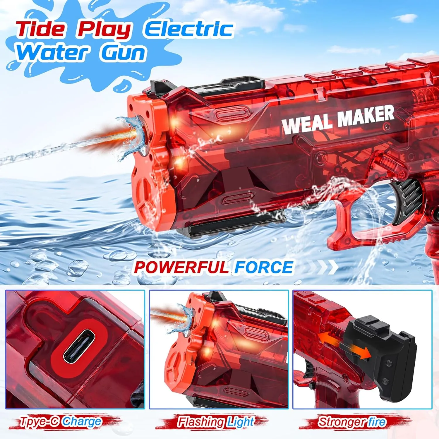 3Pack Electric Water Gun with LED Flash and USB-C Charging, IP67 Waterproof Automatic Squirt Guns 25-30 FT Range, Realistic Water Pistol for Summer Outdoor Pool Party Toys