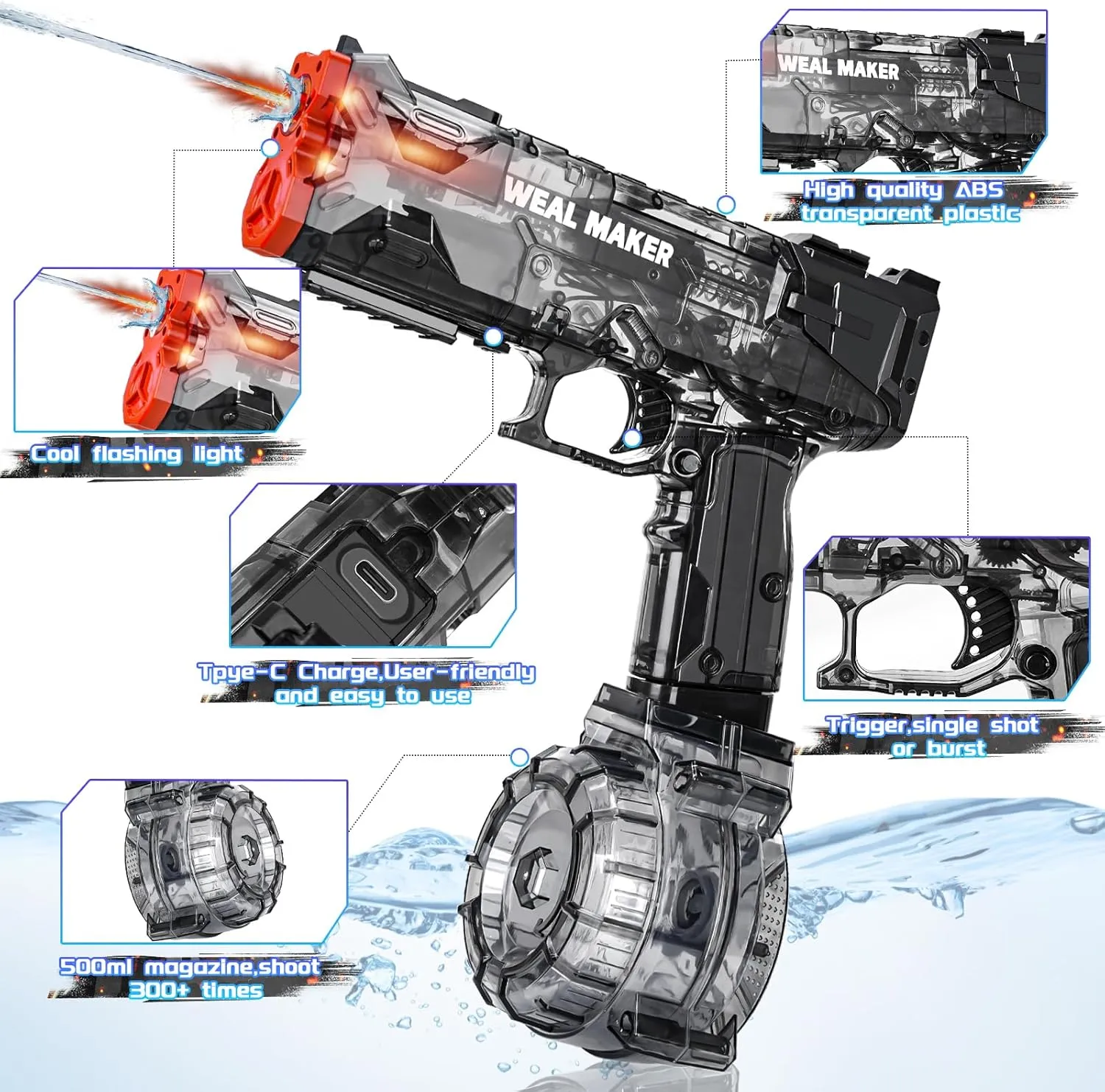 3Pack Electric Water Gun with LED Flash and USB-C Charging, IP67 Waterproof Automatic Squirt Guns 25-30 FT Range, Realistic Water Pistol for Summer Outdoor Pool Party Toys