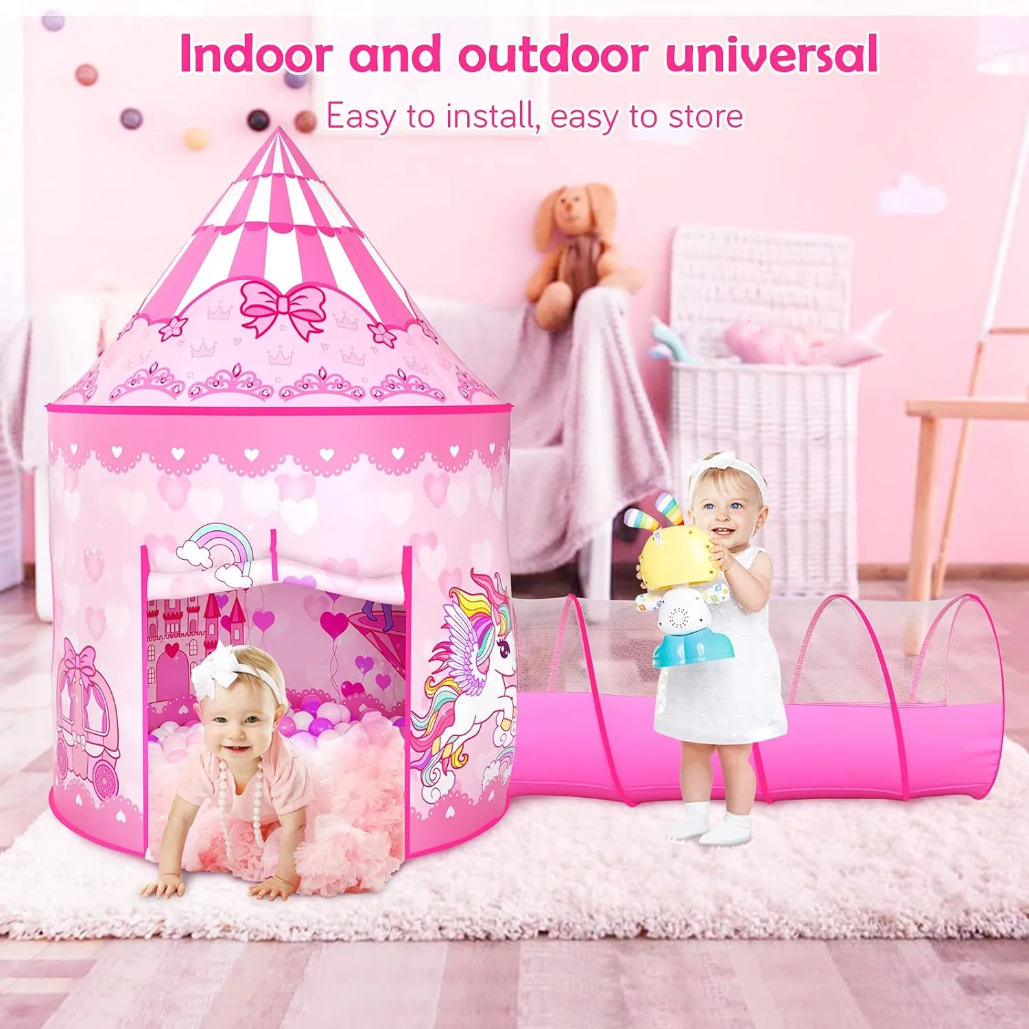 3PC Princess Tent for Girls with Kids Ball Pit and Crawl Tunnel for Toddlers, Pink Pop Up Playhouse Toys Indoor& Outdoor for Birthday Gifts
